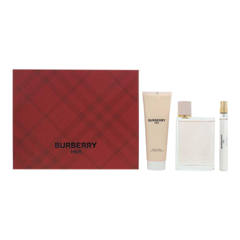 Burberry Her 3 Piece Gift Set: Eau de Parfum 100ml - Body Lotion 75ml - Eau de Parfum 10ml