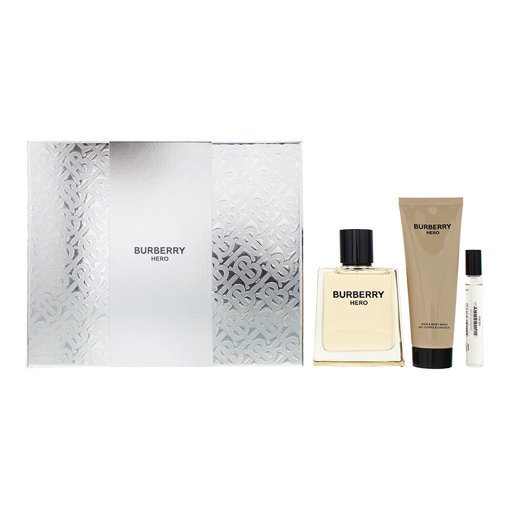 Burberry Hero 3 Piece Gift Set Eau De Toilette 100ml - Body Wash 75ml - Eau De Toilette 7.5ml