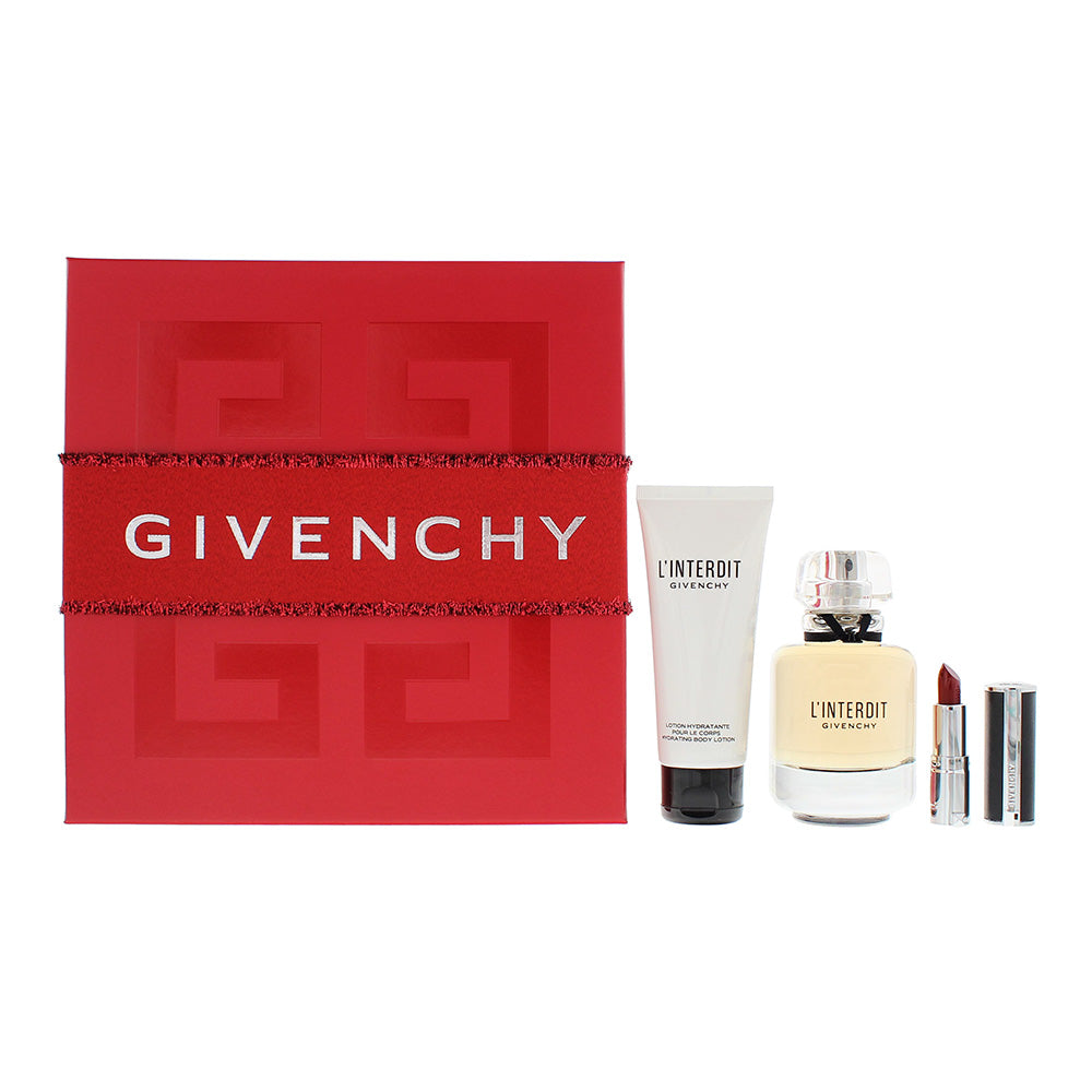 Givenchy L'interdit 3 Piece Gift Set Eau De Parfum 80ml - Body Lotion 75ml - #333 Le Rouge Lipstick 1.5g